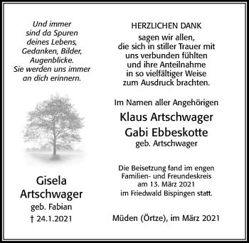 Traueranzeige von Gisela Artschwager von Cellesche Zeitung