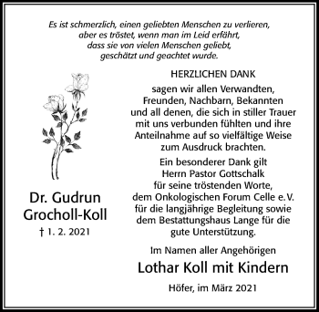 Traueranzeige von Gudrun Grocholl-Koll von Cellesche Zeitung