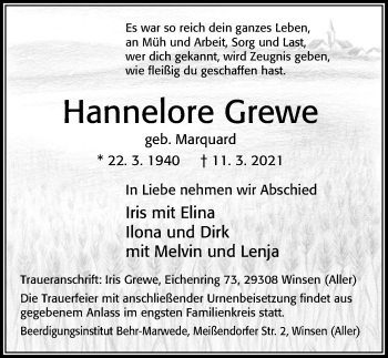 Traueranzeige von Hannelore Grewe von Cellesche Zeitung