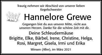 Traueranzeige von Hannelore Grewe von Cellesche Zeitung