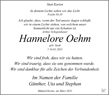 Traueranzeige von Hannelore Oehm von Cellesche Zeitung