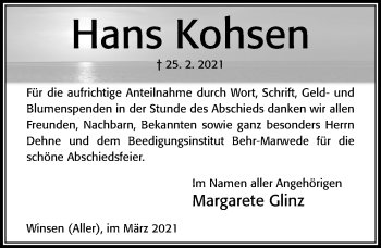 Traueranzeige von Hans Kohsen von Cellesche Zeitung