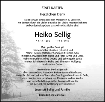 Traueranzeige von Heiko Sellig von Cellesche Zeitung