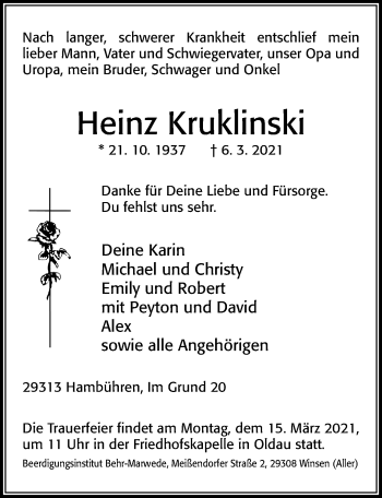 Traueranzeige von Heinz Kruklinski von Cellesche Zeitung