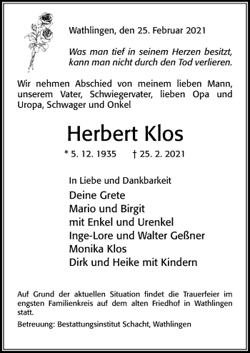 Traueranzeige von Herbert Klos von Cellesche Zeitung