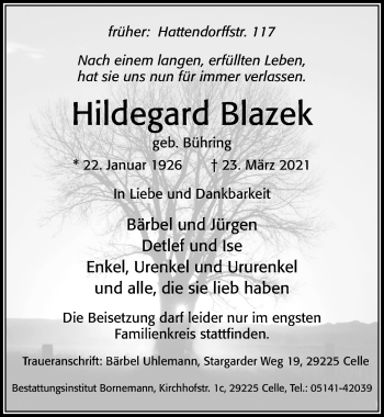 Traueranzeige von Hildegard Blazek von Cellesche Zeitung