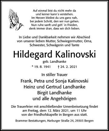 Traueranzeige von Hildegard Kalinovski von Cellesche Zeitung