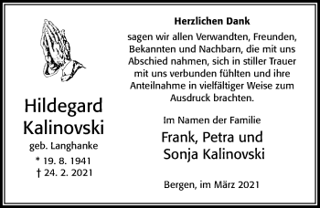 Traueranzeige von Hildegard Kalinovski von Cellesche Zeitung