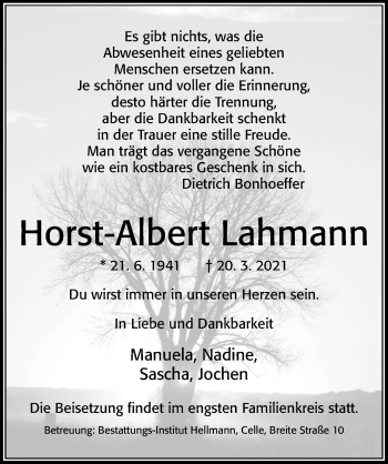 Traueranzeige von Horst-Albert Lahmann von Cellesche Zeitung