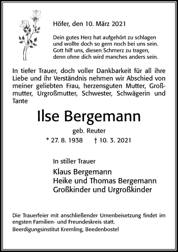 Traueranzeige von Ilse Bergemann von Cellesche Zeitung