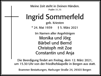 Traueranzeige von Ingrid Sommerfeld von Cellesche Zeitung