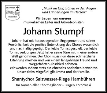 Traueranzeige von Johann Stumpf von Cellesche Zeitung