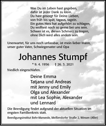 Traueranzeige von Johannes Stumpf von Cellesche Zeitung