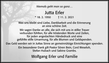 Traueranzeige von Jutta Erler von Cellesche Zeitung