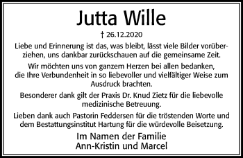 Traueranzeige von Jutta Wille von Cellesche Zeitung