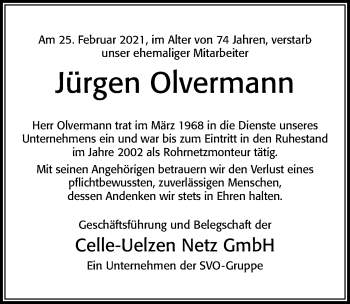 Traueranzeige von Jürgen Olvermann von Cellesche Zeitung