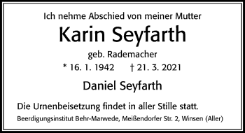 Traueranzeige von Karin Seyfarth von Cellesche Zeitung