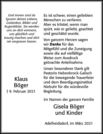 Traueranzeige von Klaus Böger von Cellesche Zeitung