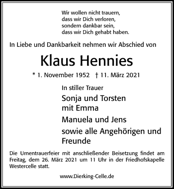 Traueranzeige von Klaus Hennies von Cellesche Zeitung