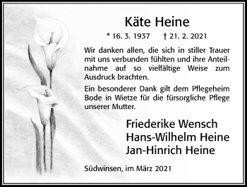 Traueranzeige von Käte Heine von Cellesche Zeitung