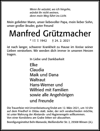 Traueranzeige von Manfred Grützmacher von Cellesche Zeitung