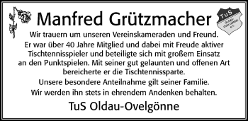 Traueranzeige von Manfred Grützmacher von Cellesche Zeitung