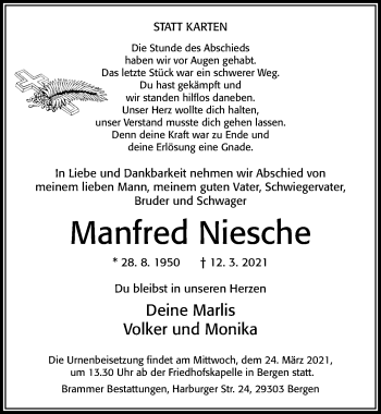 Traueranzeige von Manfred Niesche von Cellesche Zeitung