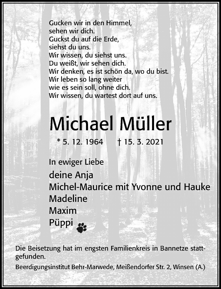  Traueranzeige für Michael Müller vom 19.03.2021 aus Cellesche Zeitung