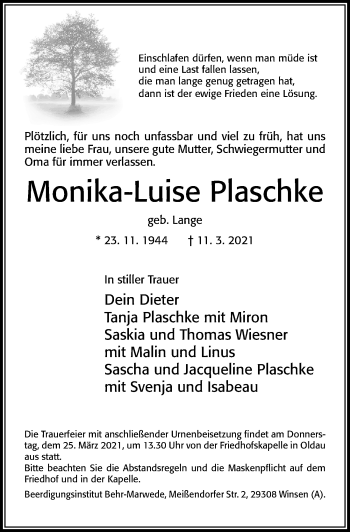Traueranzeige von Monika-Luise Plaschke von Cellesche Zeitung