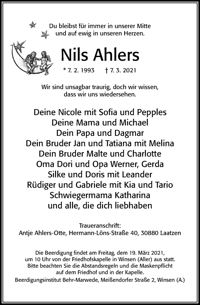  Traueranzeige für Nils Ahlers vom 17.03.2021 aus Cellesche Zeitung