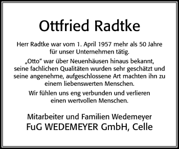 Traueranzeige von Ottfried Radtke von Cellesche Zeitung