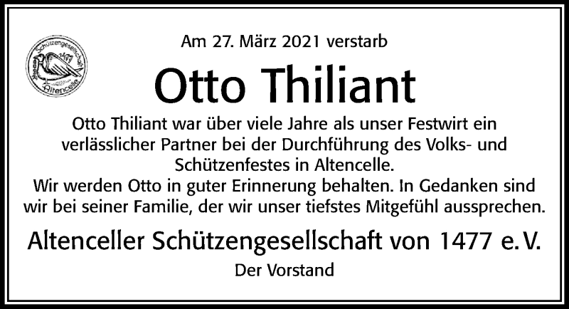  Traueranzeige für Otto Thiliant vom 30.03.2021 aus Cellesche Zeitung
