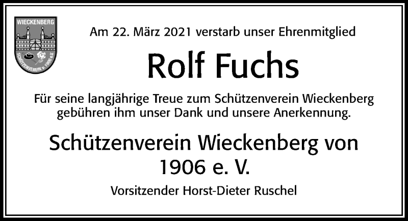  Traueranzeige für Rolf Fuchs vom 27.03.2021 aus Cellesche Zeitung