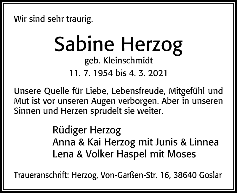  Traueranzeige für Sabine Herzog vom 10.03.2021 aus Cellesche Zeitung