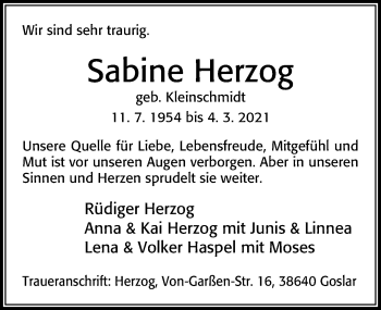 Traueranzeige von Sabine Herzog von Cellesche Zeitung