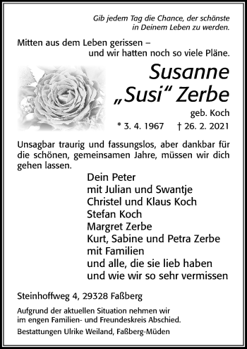 Traueranzeige von Susanne Zerbe von Cellesche Zeitung