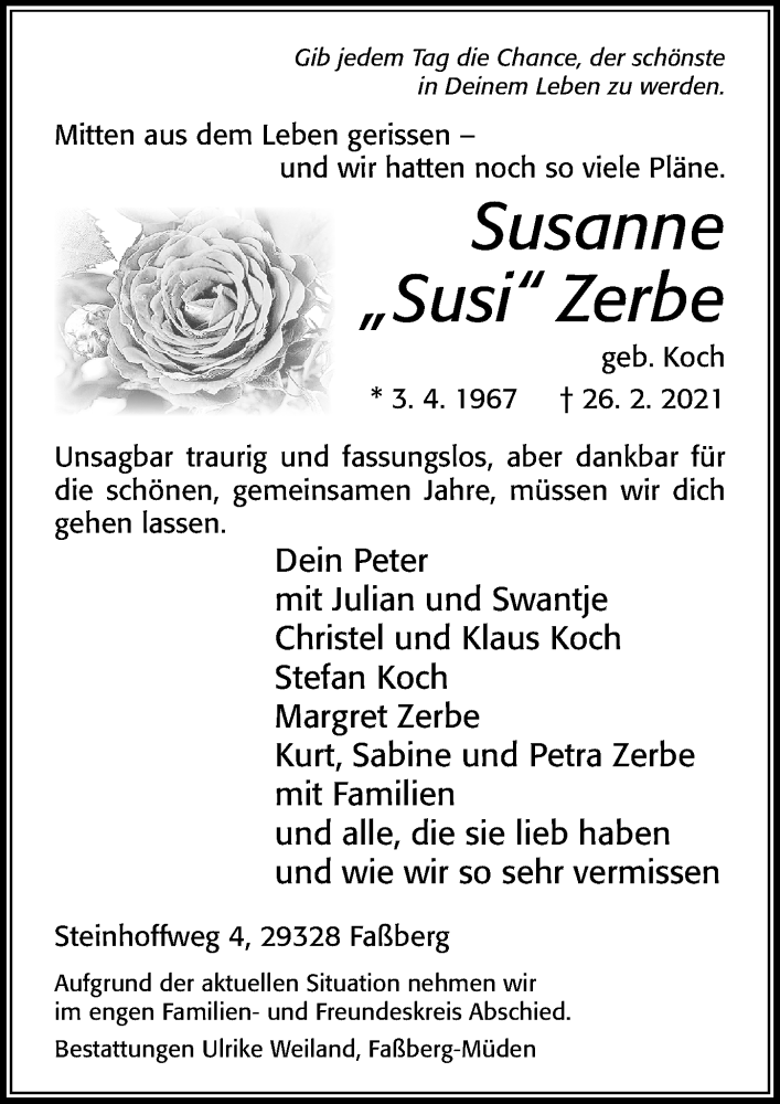  Traueranzeige für Susanne Zerbe vom 06.03.2021 aus Cellesche Zeitung