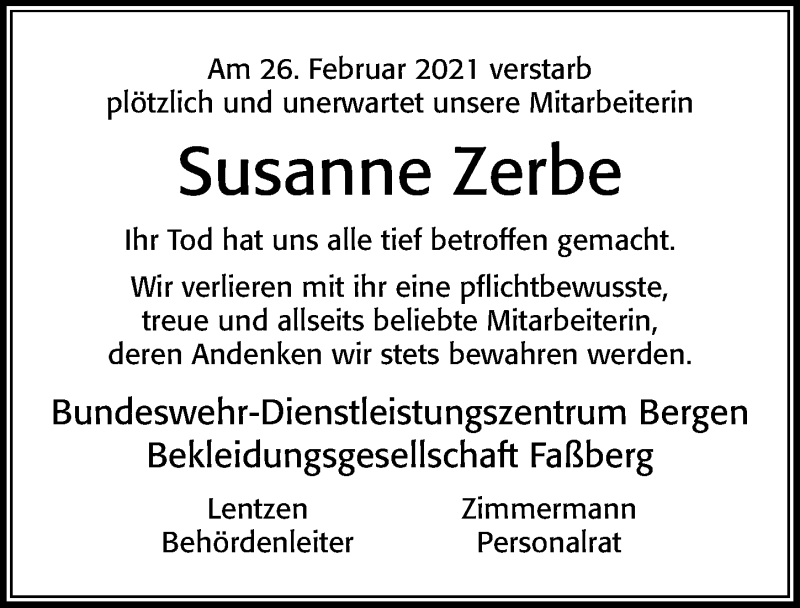  Traueranzeige für Susanne Zerbe vom 17.03.2021 aus Cellesche Zeitung