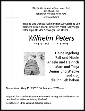 Traueranzeige von Wilhelm Peters von Cellesche Zeitung