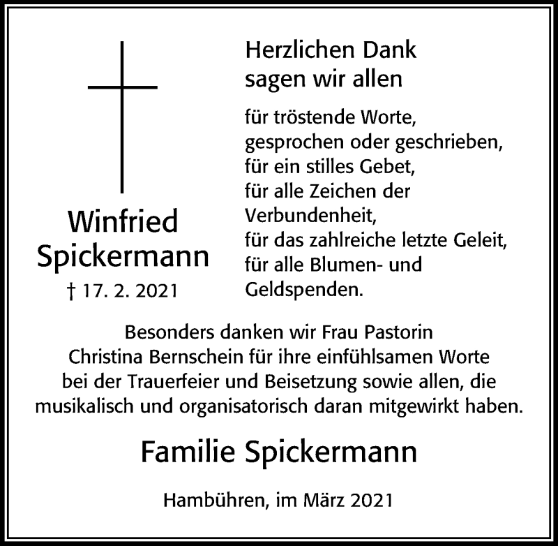 Traueranzeige für Winfried Spickermann vom 10.03.2021 aus Cellesche Zeitung