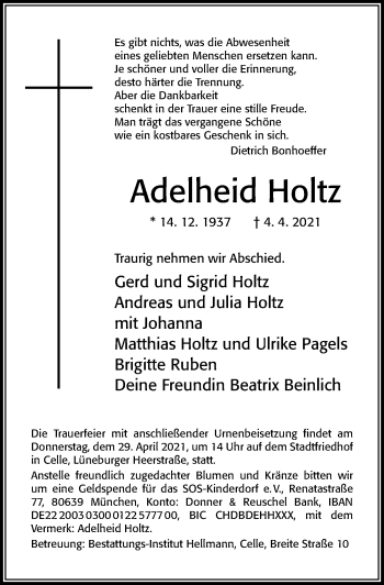 Traueranzeige von Adelheid Holtz von Cellesche Zeitung