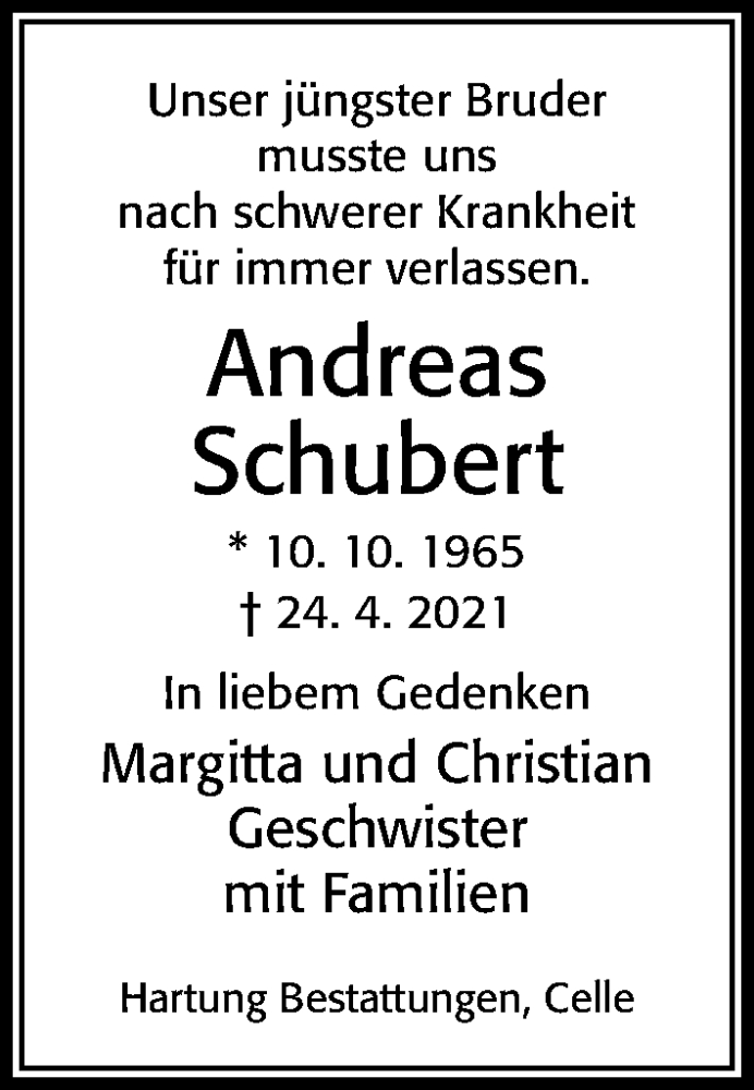  Traueranzeige für Andreas Schubert vom 30.04.2021 aus Cellesche Zeitung
