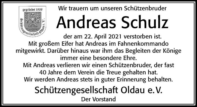  Traueranzeige für Andreas Schulz vom 29.04.2021 aus Cellesche Zeitung