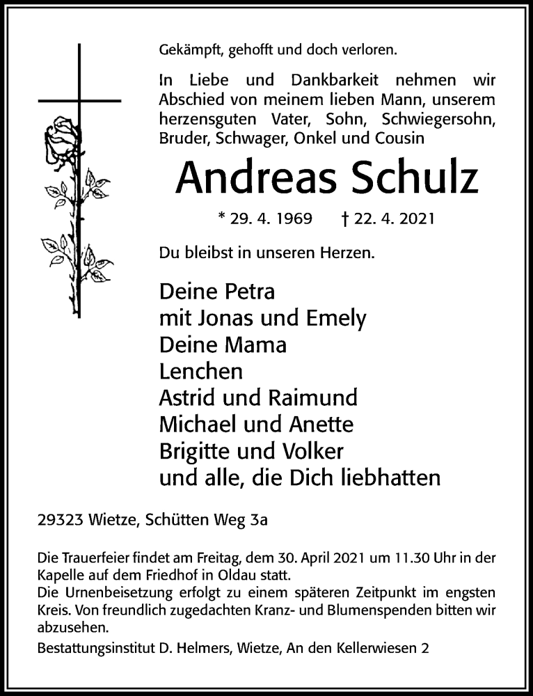  Traueranzeige für Andreas Schulz vom 27.04.2021 aus Cellesche Zeitung