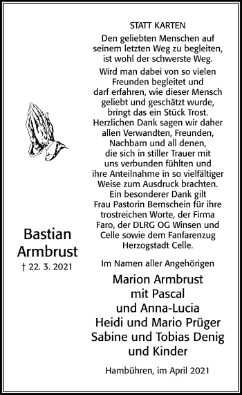 Traueranzeige von Bastian Armbrust von Cellesche Zeitung