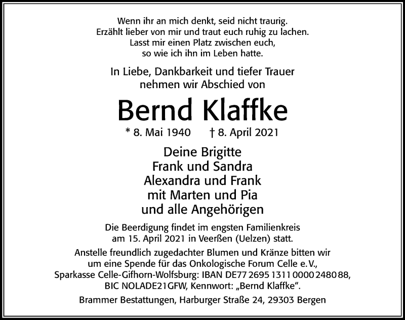  Traueranzeige für Bernd Klaffke vom 14.04.2021 aus Cellesche Zeitung