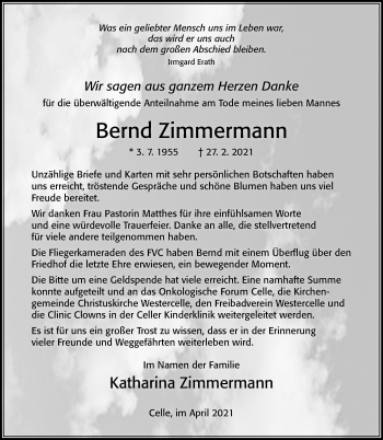 Traueranzeige von Bernd Zimmermann von Cellesche Zeitung