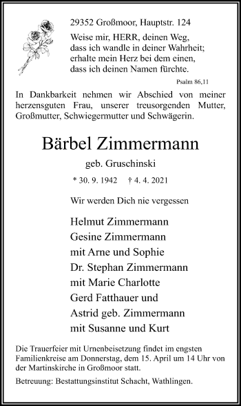 Traueranzeige von Bärbel Zimmermann von Cellesche Zeitung