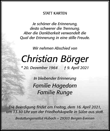 Traueranzeige von Christian Börger von Cellesche Zeitung