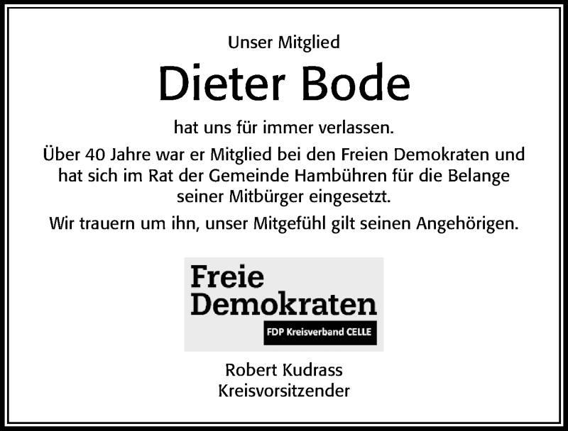  Traueranzeige für Dieter Bode vom 10.04.2021 aus Cellesche Zeitung